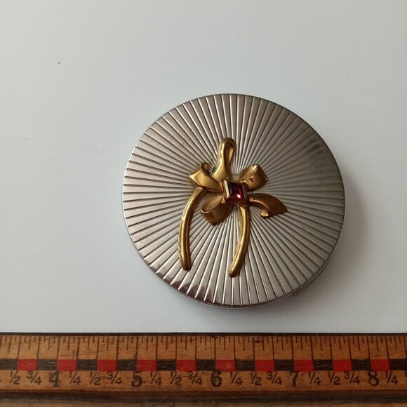 Vintage Gold Bow and Silver Compact Mirror by Evans Makeup Original Antique Gift - Picture 8 of 9